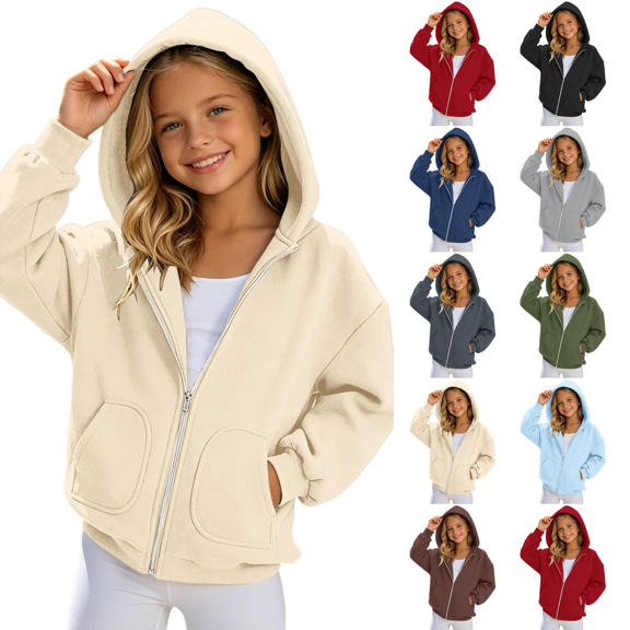 Girls Zip Up Hoodie Fashion Oversized Casual Cute Comfy Long Sleeve Sweatshirt Jacket with Pockets 4-15 Years Khaki 120