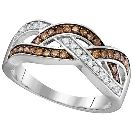 Diamond Set Crossover Ring - Size - 7 - Solid 10k White Gold Round Chocolate Brown And White Diamond Prong Set Curved CrossOver Wedding Band OR Fashion Ring (1/3 cttw)