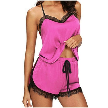 

Pxiakgy lingerie for women Women Sleepwear Sleeveless Strap Nightwear Lace Trim Satin Cami Top Pajama Sets Hotpink + S