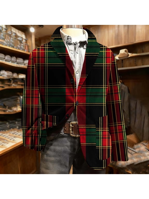 Mens Christmas Blazer Jackets Plus Size Corduroy Graphic Lapel Collar Party Suit Jacket Funny Loose Fitted Lightweight One Button Sport Coat with Pockets