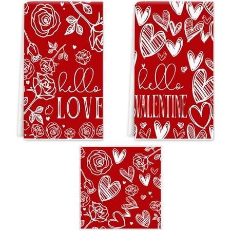 KKFEN-Valentines Day Red Love Heart Kitchen Towels Dish Towels Set of 3 16x24 inch Roses Dish Towels for Valentines Day Decor Red Love Hand Towels for Kitchen Bathroom