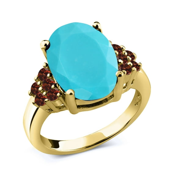 Gem Stone King 3.48 Ct Oval Green Turquoise Red Garnet 18K Yellow Gold Plated Silver Ring (Size 6)