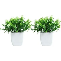 Mini Potted Artificial Plants Plastic Fake Green Plant for Home Decor Office Desk Shower Room Decoration Faux Plants Indoor (White, Set of 2)