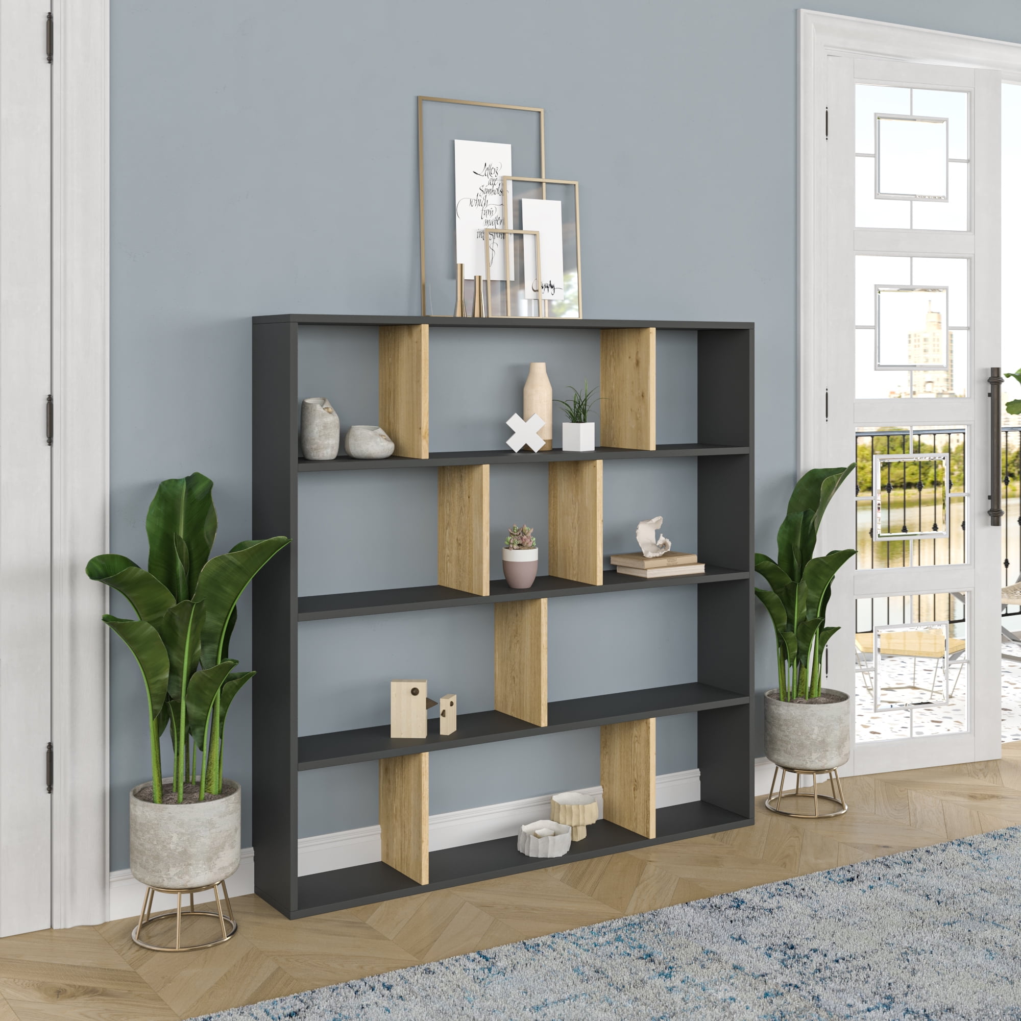 Ada Home Decor Hobdi 4 Tier Open Shelf Cube Modern Bookcase, Anthracite/Oak