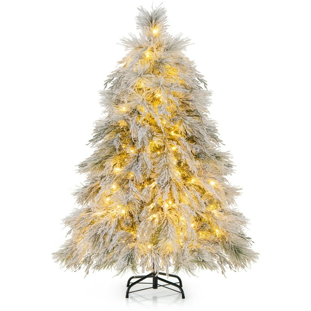 Patiojoy 4.5 FT Snow Flocked Christmas Tree Hinged Pre-lit Xmas Tree with Branch Tips Warm White LED Lights