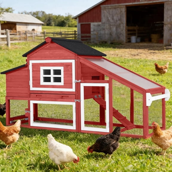 MEDEHOO Large Chicken Coop with Wheels, Expandable Mobile Chicken House for Outdoor Use, Hen House Poultry Cage with Nesting Box, Leakproof Pull-Out Tray & UV-Resistant Roof – Red