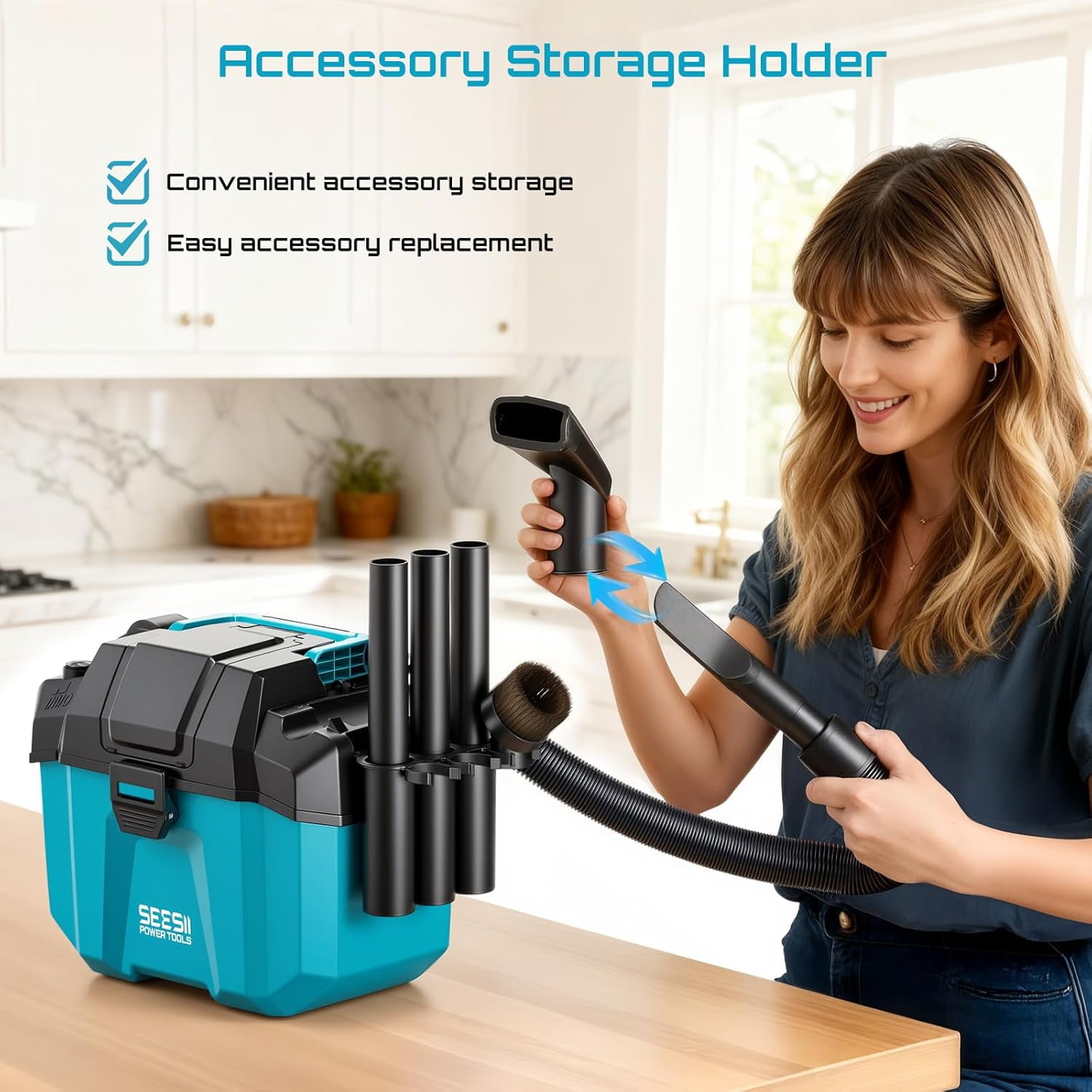Seesii Cordless Shop Vac Wet and Dry, 2.6 Gallon Small Shop Vac with Accessory Storage Holder, 2 x 4.0Ah Batteries, 3-in-1 Wet Dry Vacuum with HEPA Filter, Strap, Ideal for Garage, Car, Workshop