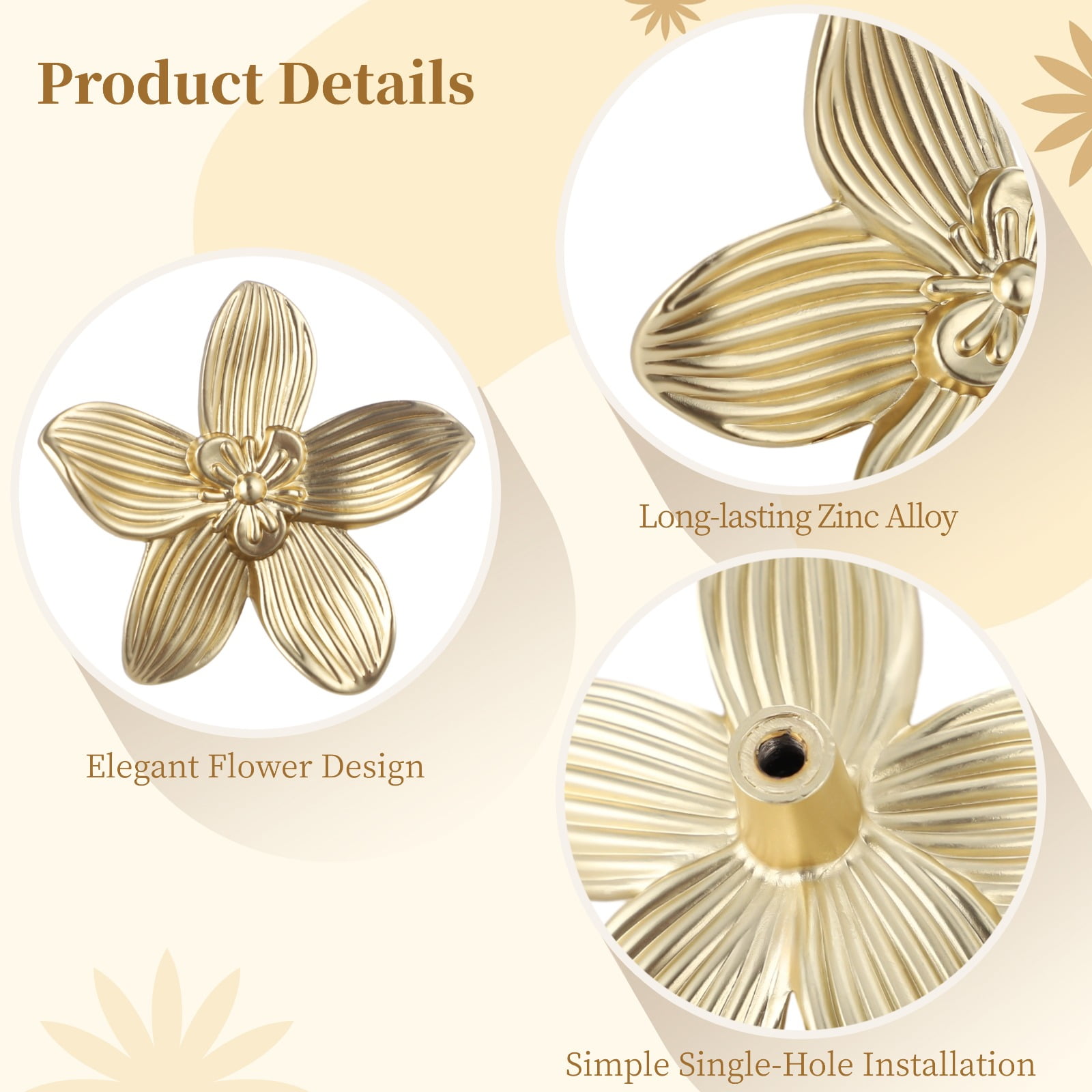 8 Pcs Flower Knobs, 2.4 in Brushed Gold Cabinet Knobs, Zinc Alloy Petal Knobs with Antique New Chinese Style, Single Hole Dresser Knobs 8 Pack for Furniture Renovation
