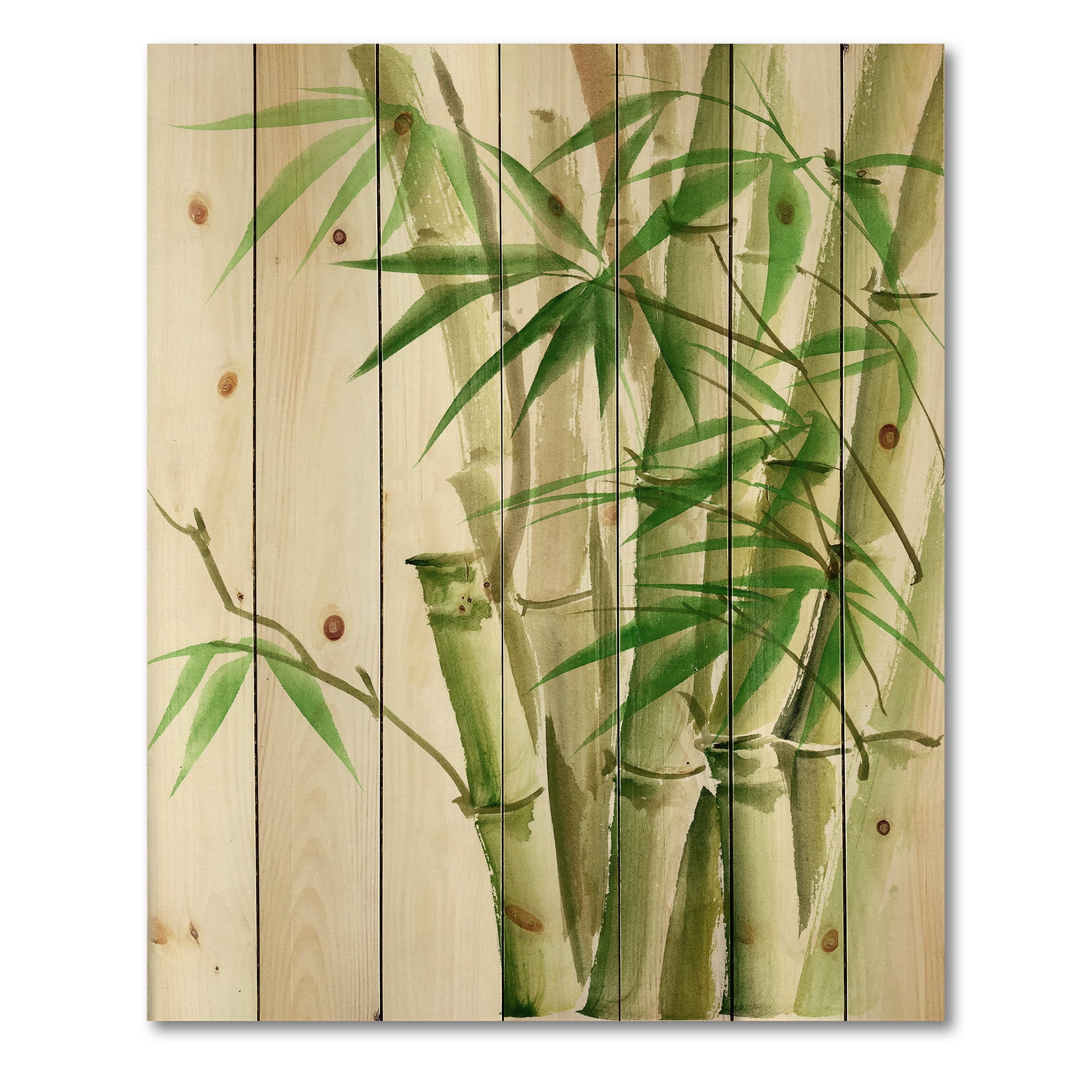 Designart 'Detail of Dark Green Bamboo and Leaves II' Traditional Print on Natural Pine Wood