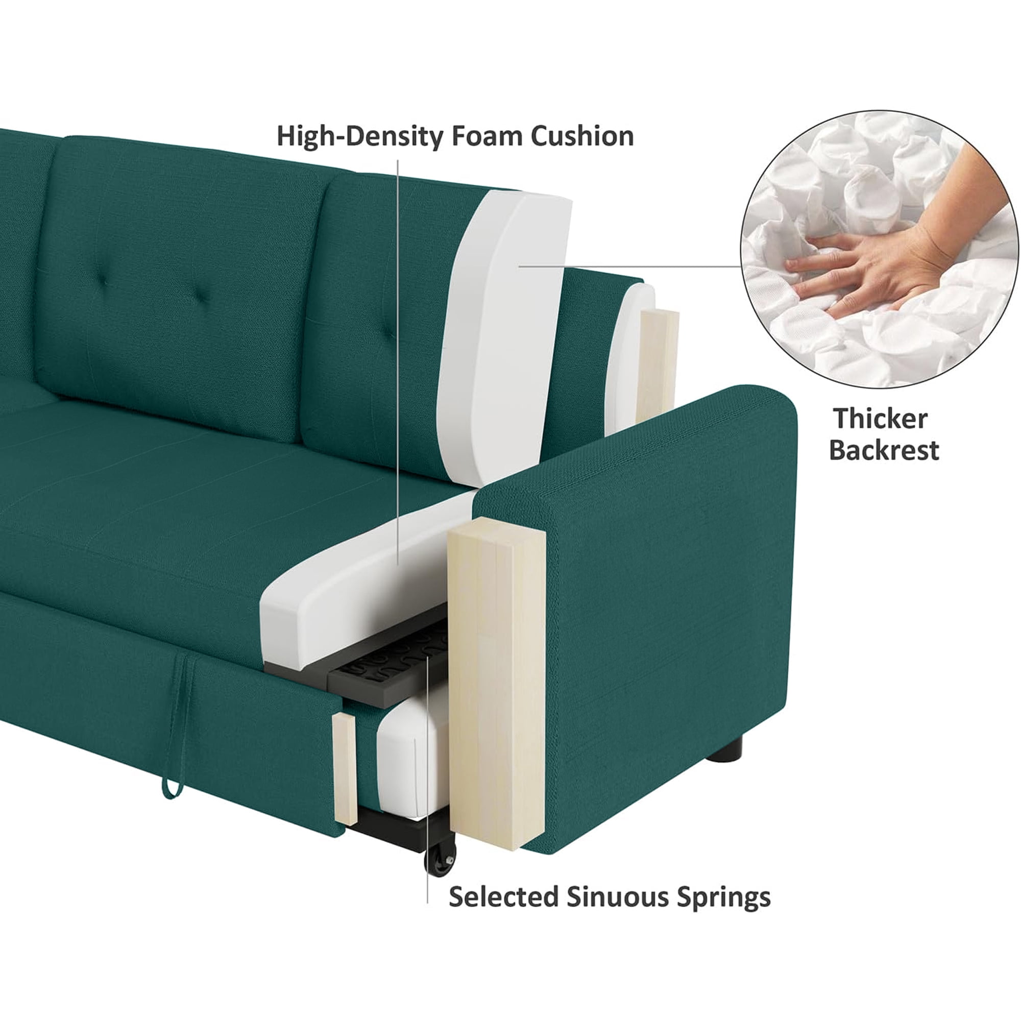 DEALTOPS Linen Reversible Sleeper Sectional Sofa Bed with Storage Chaise,Green