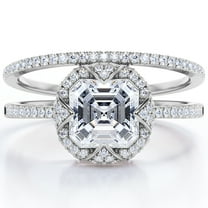 JeenMata 1.5 Carat Cathedral Pave Cushion Cut Moissanite Octagon Halo Art Deco Wedding Ring Set in 18K White Gold Plating Over Silver