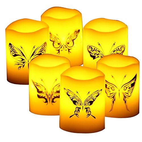 Candle Choice 6 PCS Real Wax Flameless Candles with Timer, Pillar Candles, Flameless Votives with Timer, Battery Operated LED Candles, Long Battery Life 400  Hours, with Butterfly Decal, 2"x2.4"