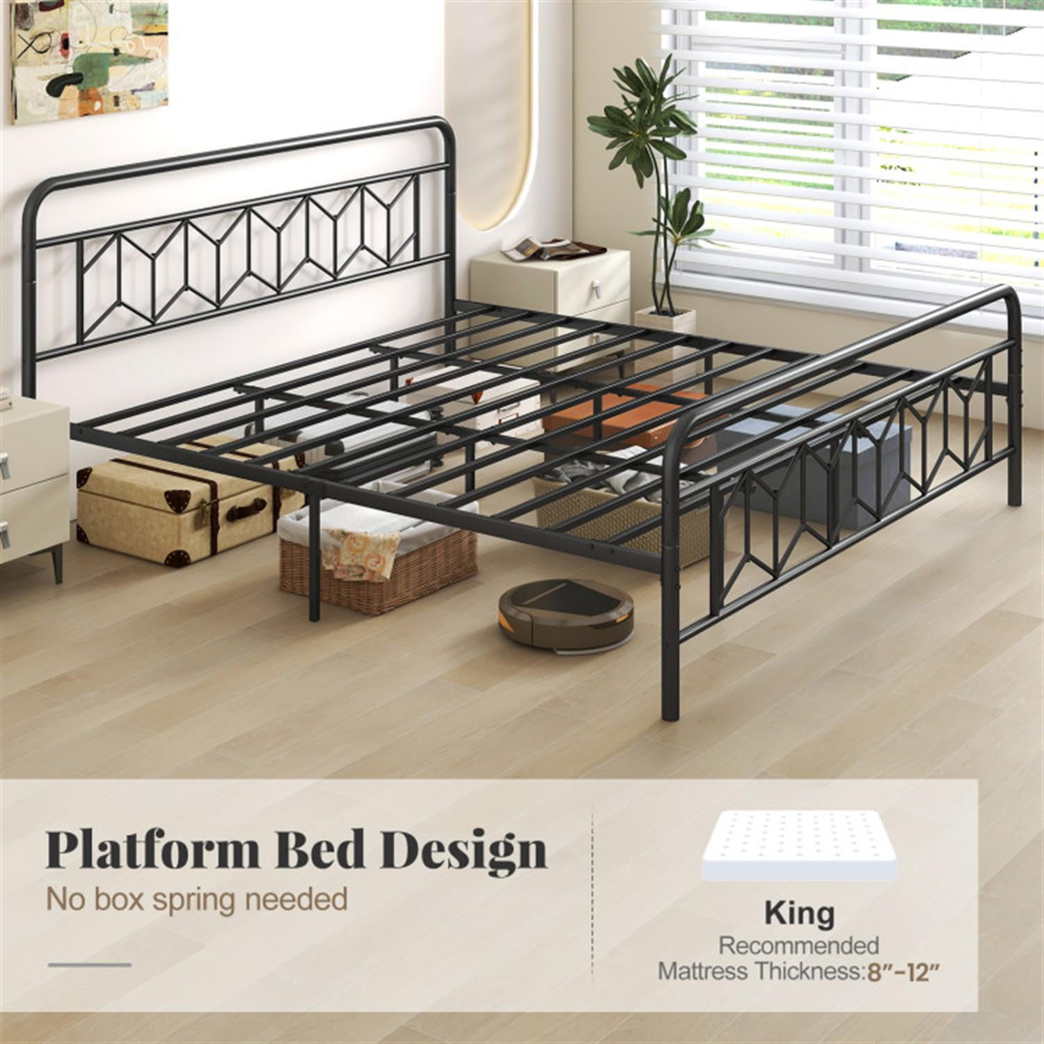 Demi Bonn King Size Bed Frame with High Headboard and Snap Lock Metal Slats, Platform Bed Frame with Under Bed Storage, No Box Spring Needed, Black