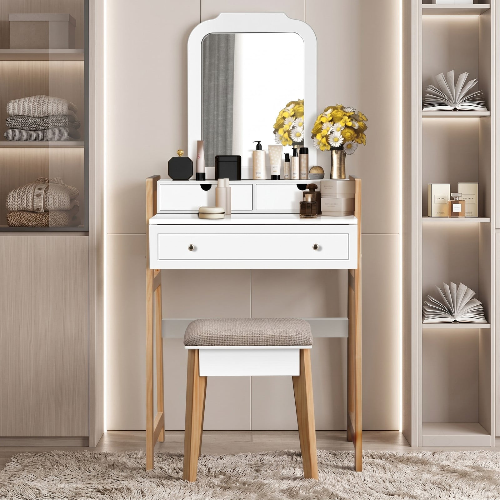 Furnibear Vanity Table Set with Large Mirror and Cushioned Stool, Makeup Dressing Table with 3 Drawers and 2-Tier Tabletop, White