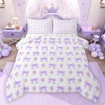 Feelyou Princess Bow-tie Full Size Comforter Sets, Purple Spring FlowerBedding Sets, 3pcs