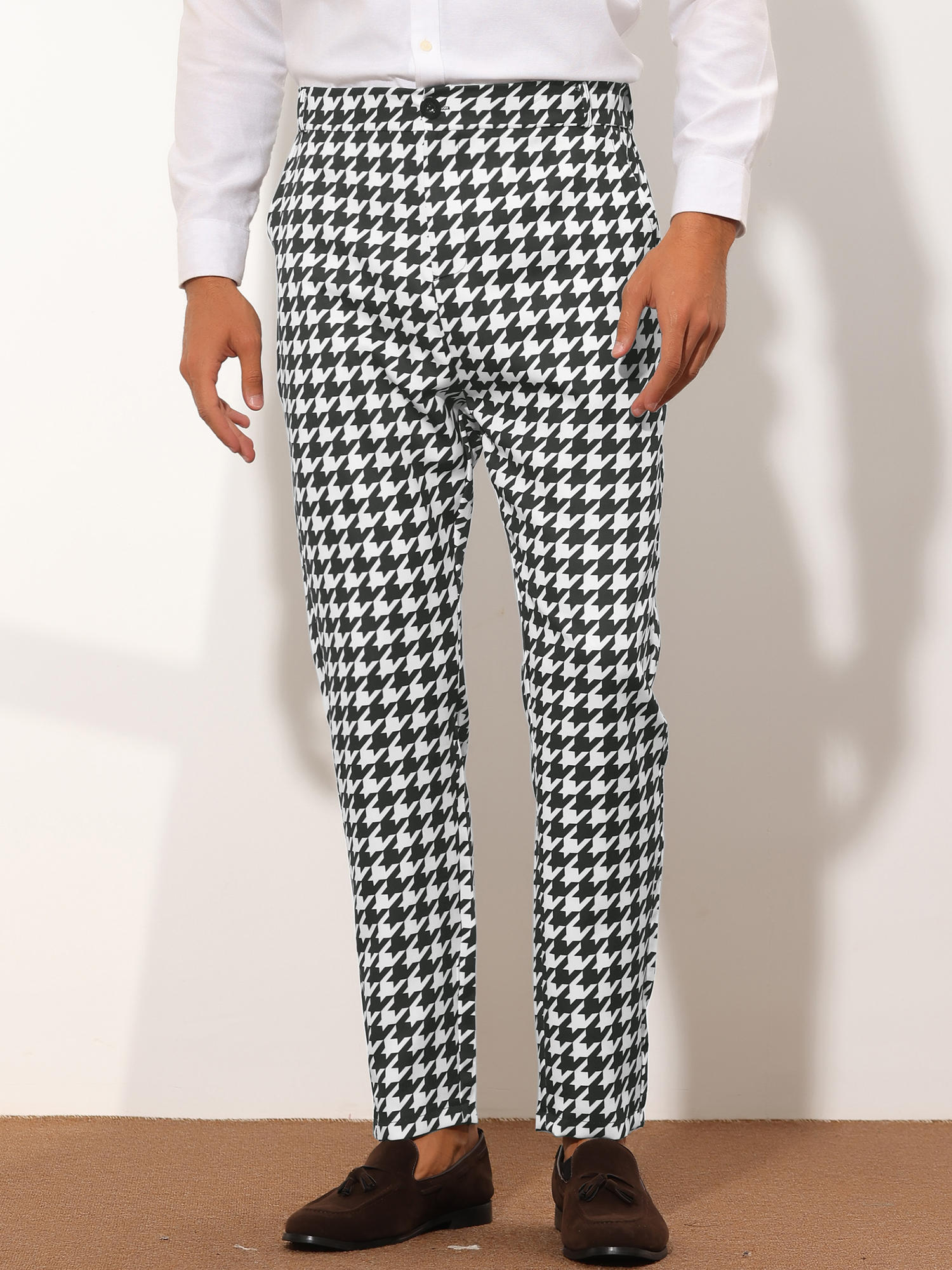 Unique Bargains Men's Houndstooth Dress Pants Big and Tall Business Plaid Trousers 36 Black White