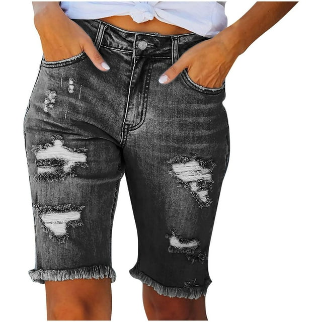 Birdeem Women Elastic Destroyed Hole Leggings Short Pants Denim High Waist Ripped Jeans