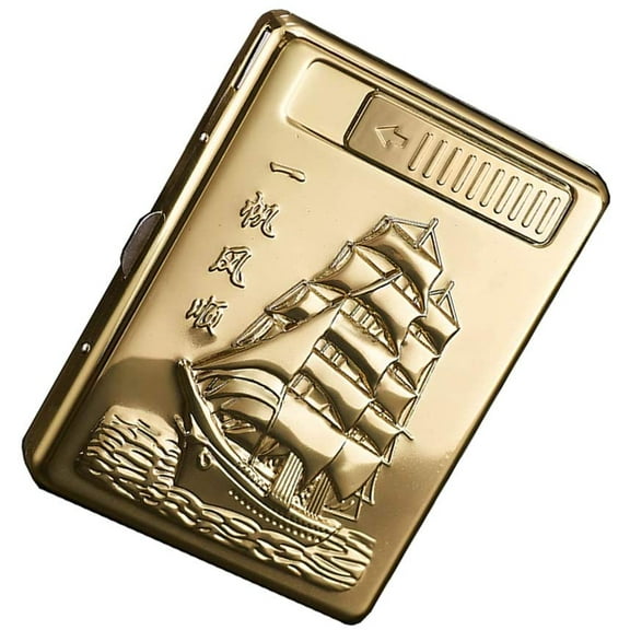 Cigarette Case Lighter, Metal Full Pack 20 Regular Cigarettes Box Holder USB Rechargeable Cigar Lighter Flameless Windproof with USB Cable Best for Birthday Gifts (Boat)