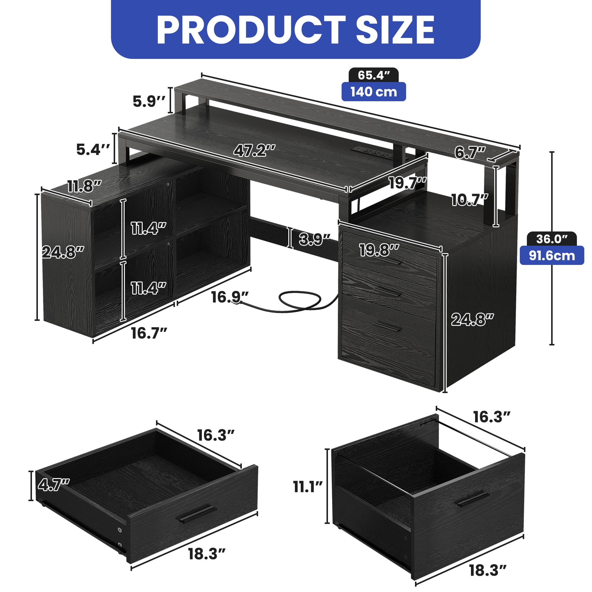 ModFusion 65" Home Office Desk with 3 Drawers & 4 Storage Shelves, L-Shaped Computer Desk with Power Outlets, LED Lights & Printer Stand, Black