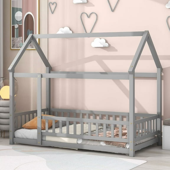 Twin Floor Bed, Wooden Montessori Bed Frame with Fence Guardrails and Door, House Bed Bedroom Playroom, Easy Assembly, Gray