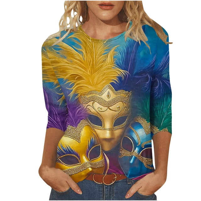 Penkiiy Blouse Carnaval Manches 3/4 Chemise de Printemps Quotidienne Tee Imprimé Masque Blouse Mardi Gras Col Rond 2024 Tee Tunique Habillée 5TG Multicolore