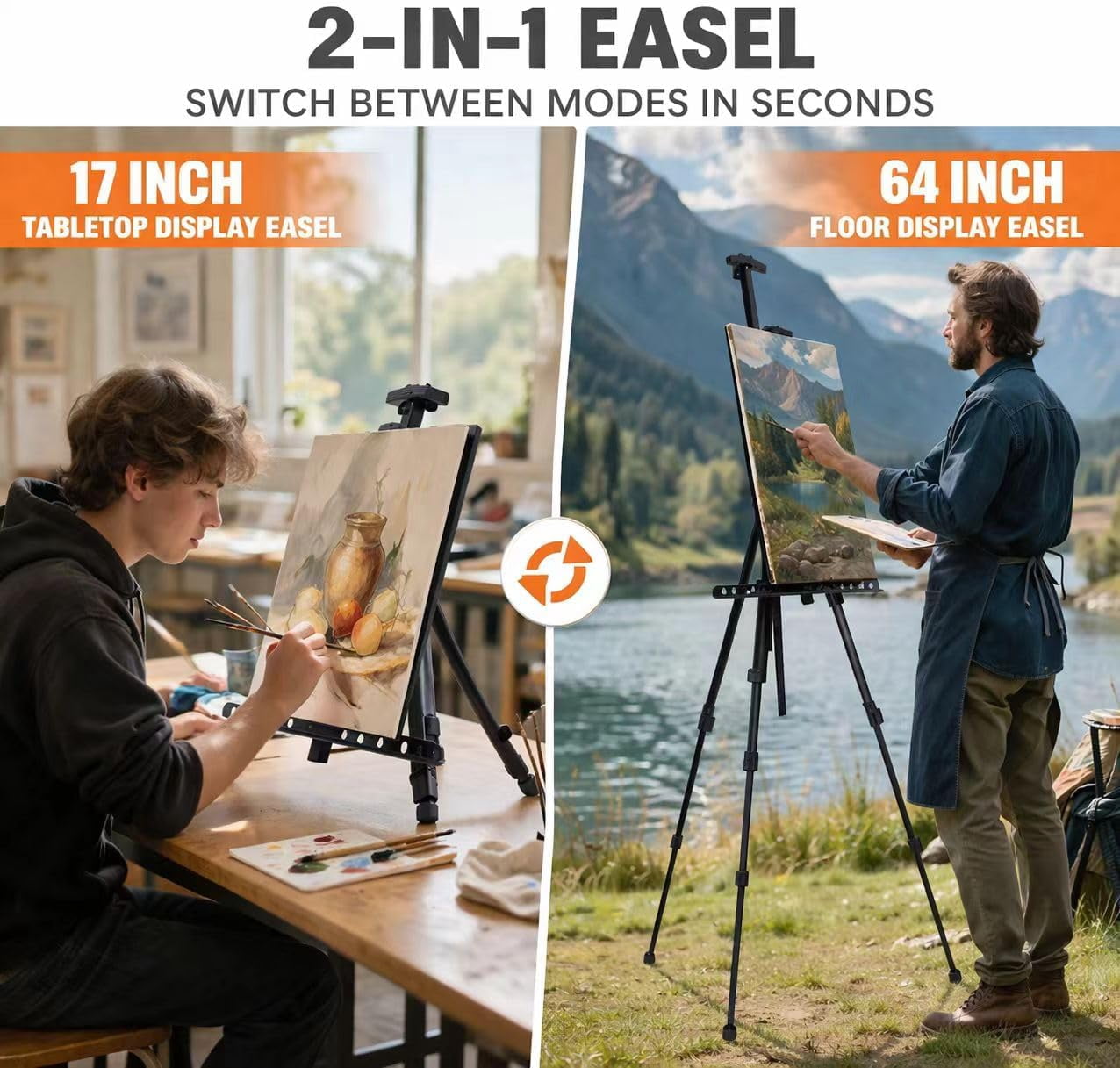 MXG Portable Aluminum Black Easel Stand for Painting, Signs, Display, 17-61 Inch Adjustable Height Tabletop & Floor Tripod Easel,with Tray Carry Bag, Poster,Artists, Students, Events