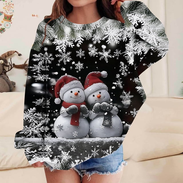 Blusas y camisas de manga larga con cuello redondo para niños Estampados navideños de manga larga Casual Suelto Forro polar para mayor calidez Sudadera con capucha de manga larga con cuello redondo pa