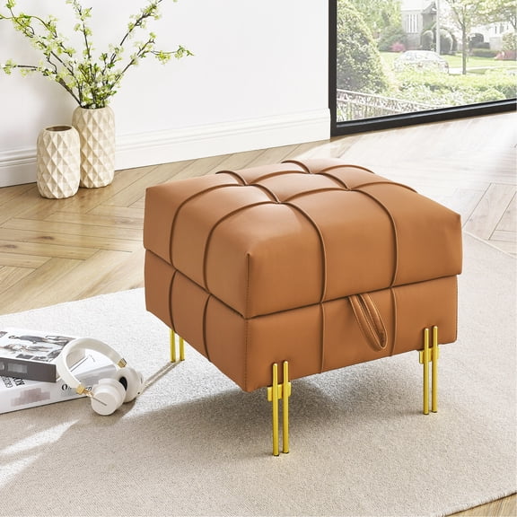 22 inches Pet Friendly Leather | Orange Ottoman for Entryway Storage