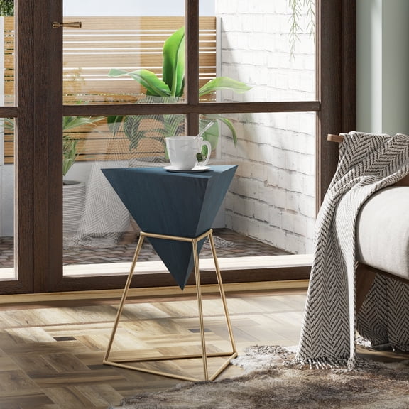 COZAYH Modern Geometric End Table with Wooden Top and Golden Metal Base, Unique Pyramid Side Table Plant Stand for Office, Living Room, Bedroom, Triangle (Blue)