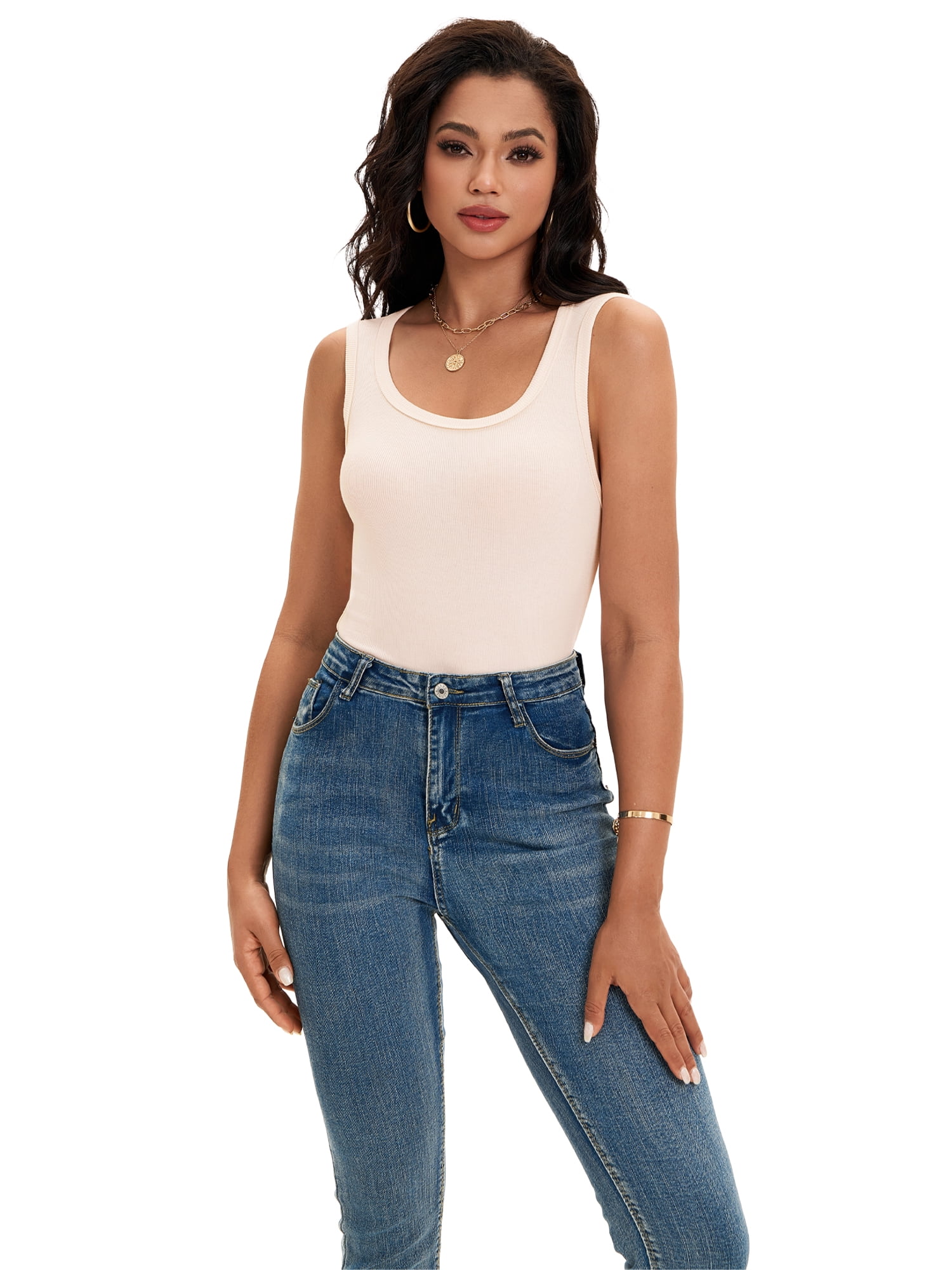 DARING DIVA Women's Sleeveless Scoop Neck Casual Fitted Tee Shirts L Apricot