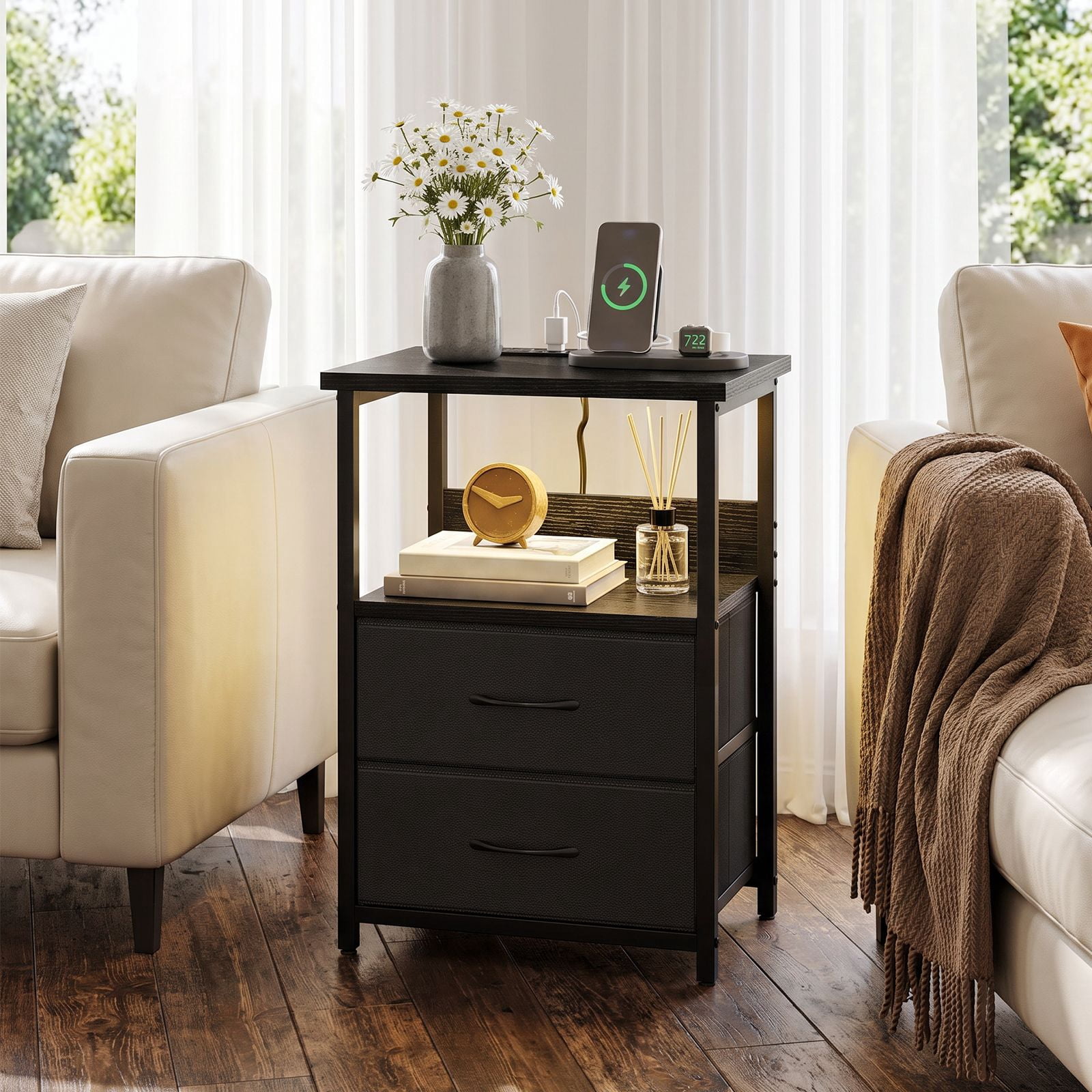 RGB LED Nightstand with Charging Station, 2 Fabric Drawers and Open Shelf, Particle Board and Steel Frame Bedside End Table for Bedroom