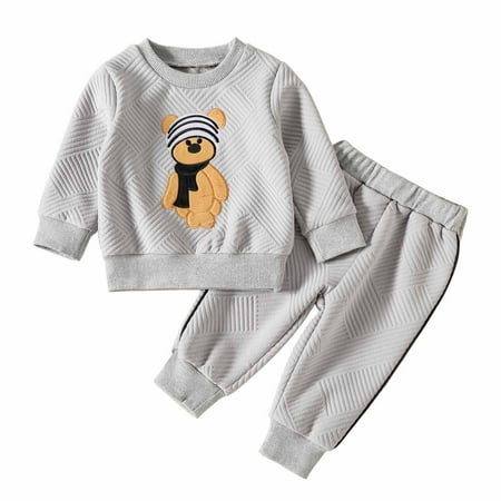

YFPWM Baby Girl Clothes Set Fall Autumn Winter Girls Cartoon Bear Embroidered Long Sleeve Crew Neck Pullover Trousers Suit Gray 18-24 Months