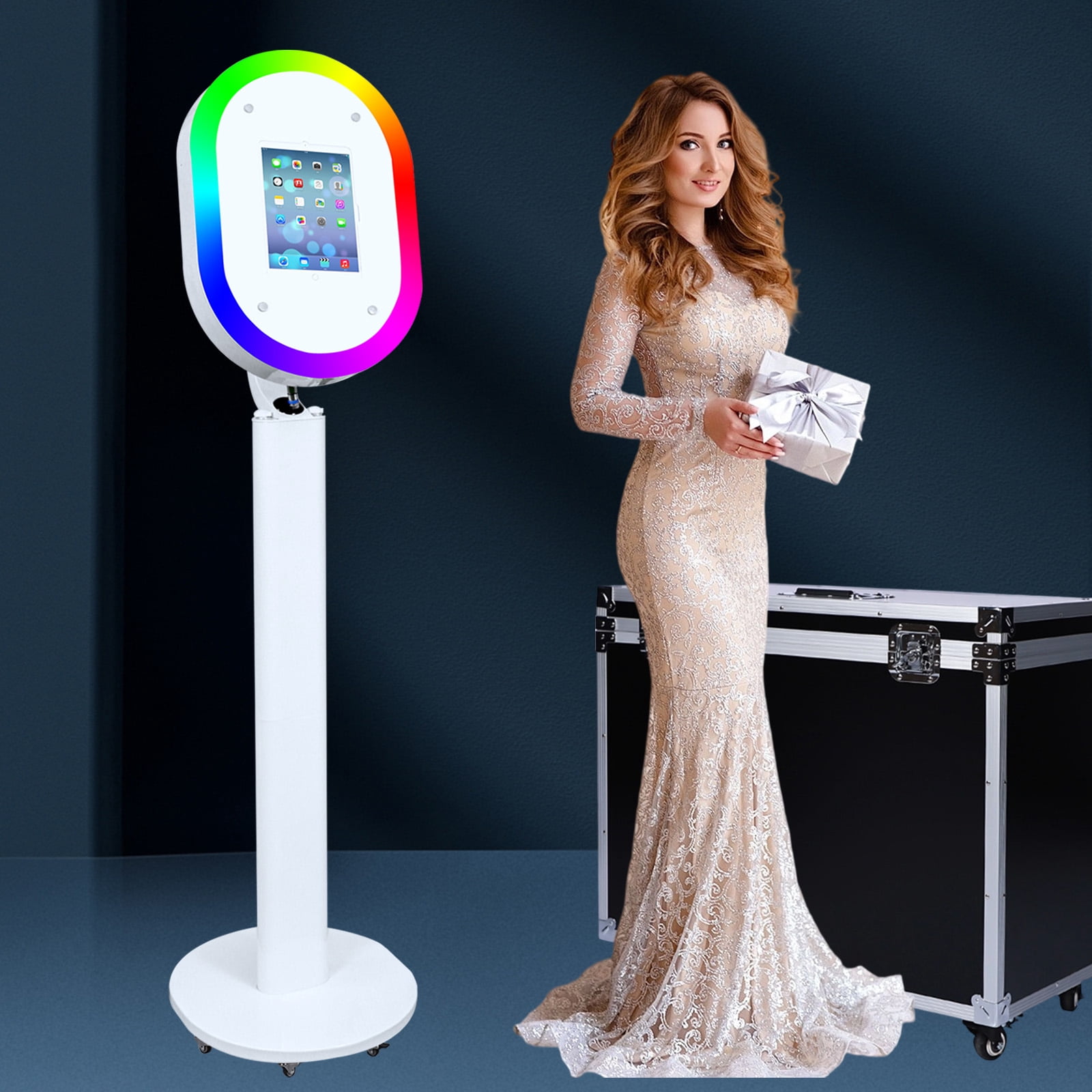 Portable iPad Photo Booth Stand with RGB Ring Light - Compatible with 10.2" to 13" iPad Pro/Air, Party Selfie Station for Weddings & Corporate Events (White/Flight Case)​