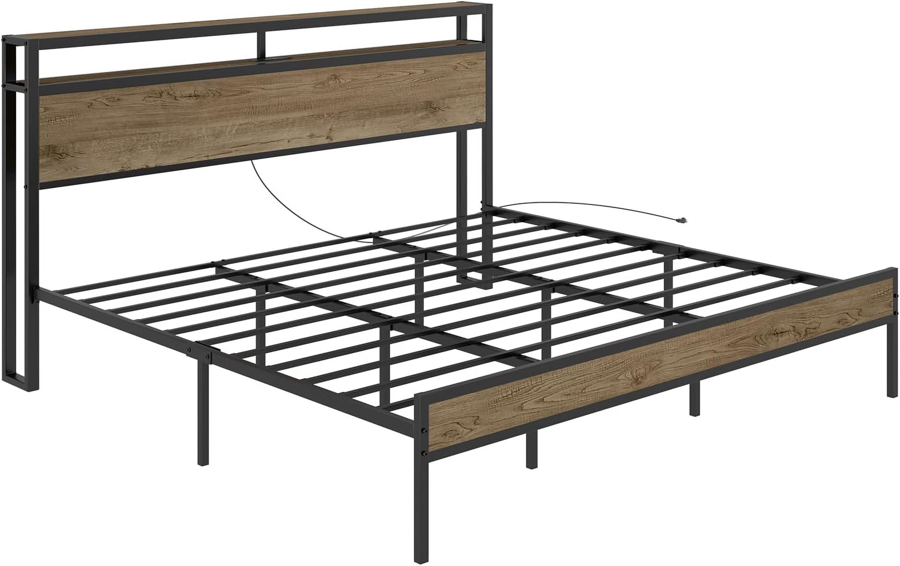 Merluxy King Size Bed Frame Industrial Platform Bed with Charging Station, 2-Tier Storage Headboard/ No Box Spring Needed/ Noise-Free/ Rustic Brown