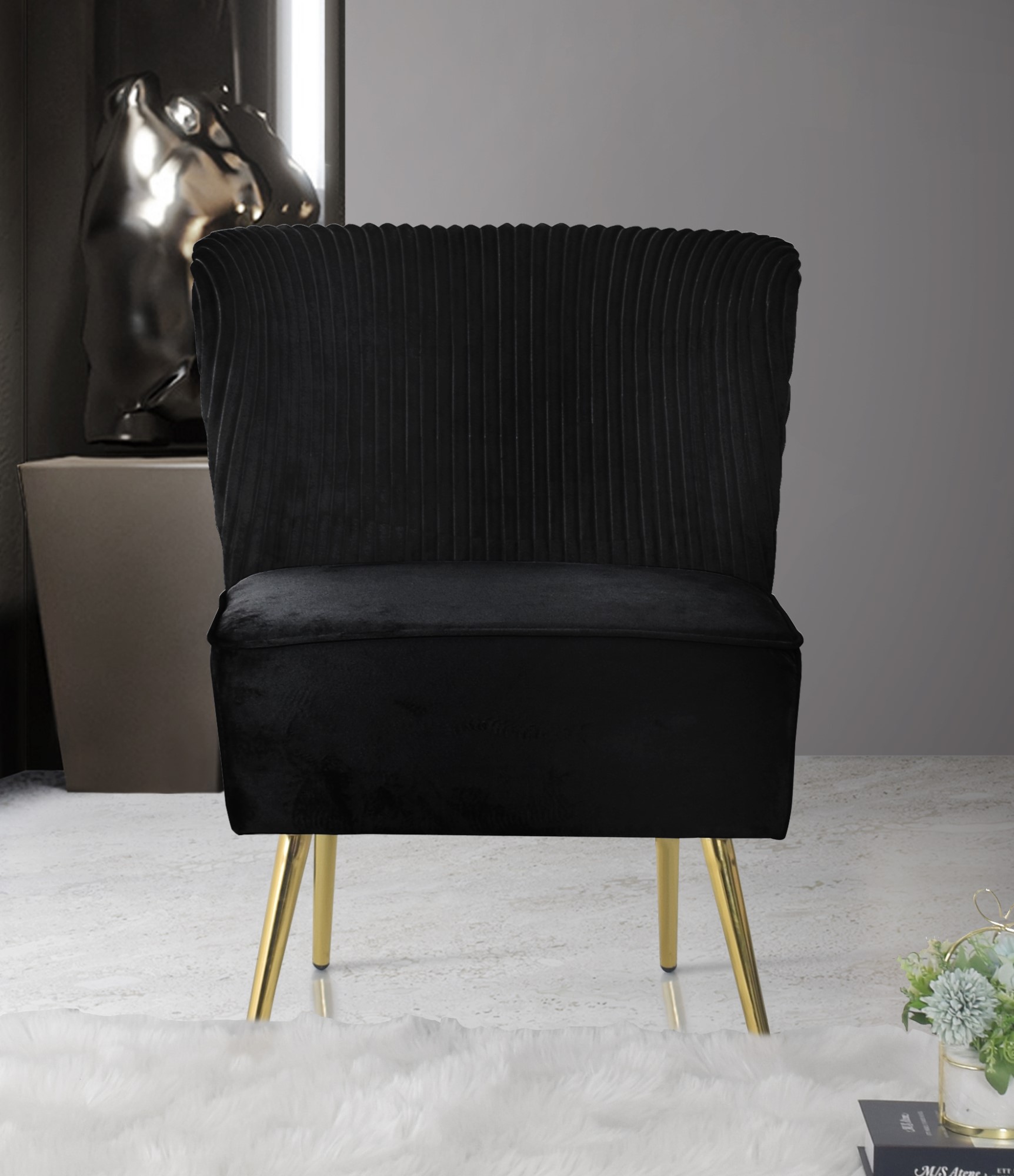 Home Design Hestie 3-Piece Velvet Living Room Set with Side Chair, Loveseat, and Sofa, Modern Curved Backrest Design, Black