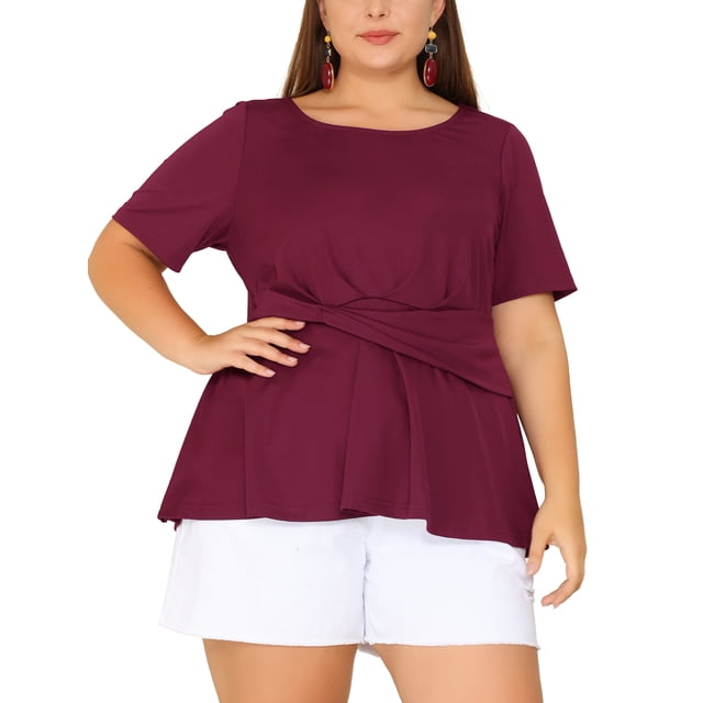 Agnes Orinda Women's Plus Size Summer Solid Short Sleeve Knot Waist Peplum Top Burgundy 3X