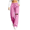 thumbnail image 2 of Women's Wide Leg Sweatpants Drawstring Distressed Hole Design Straight Style Side Pockets Loose Streetwear Casual Athletic Trousers, Sweatpants Y2K Pink XXL, 2 of 6