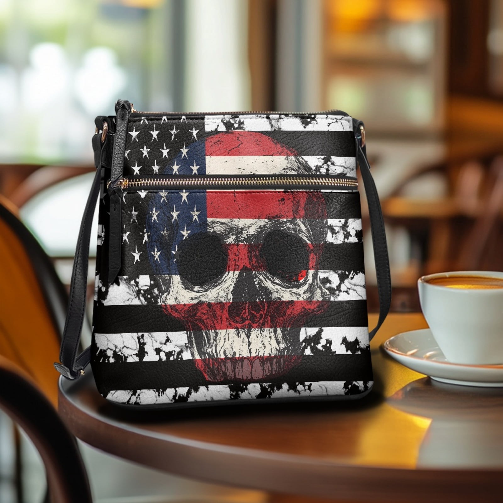 LedBack American Flag Skull Women Crossbody Satchel Handbag Leather Shoulder Bag with Adjustable Strap, Medium Size Messenger Purse Hobo Purse for Shopping Work, Blue