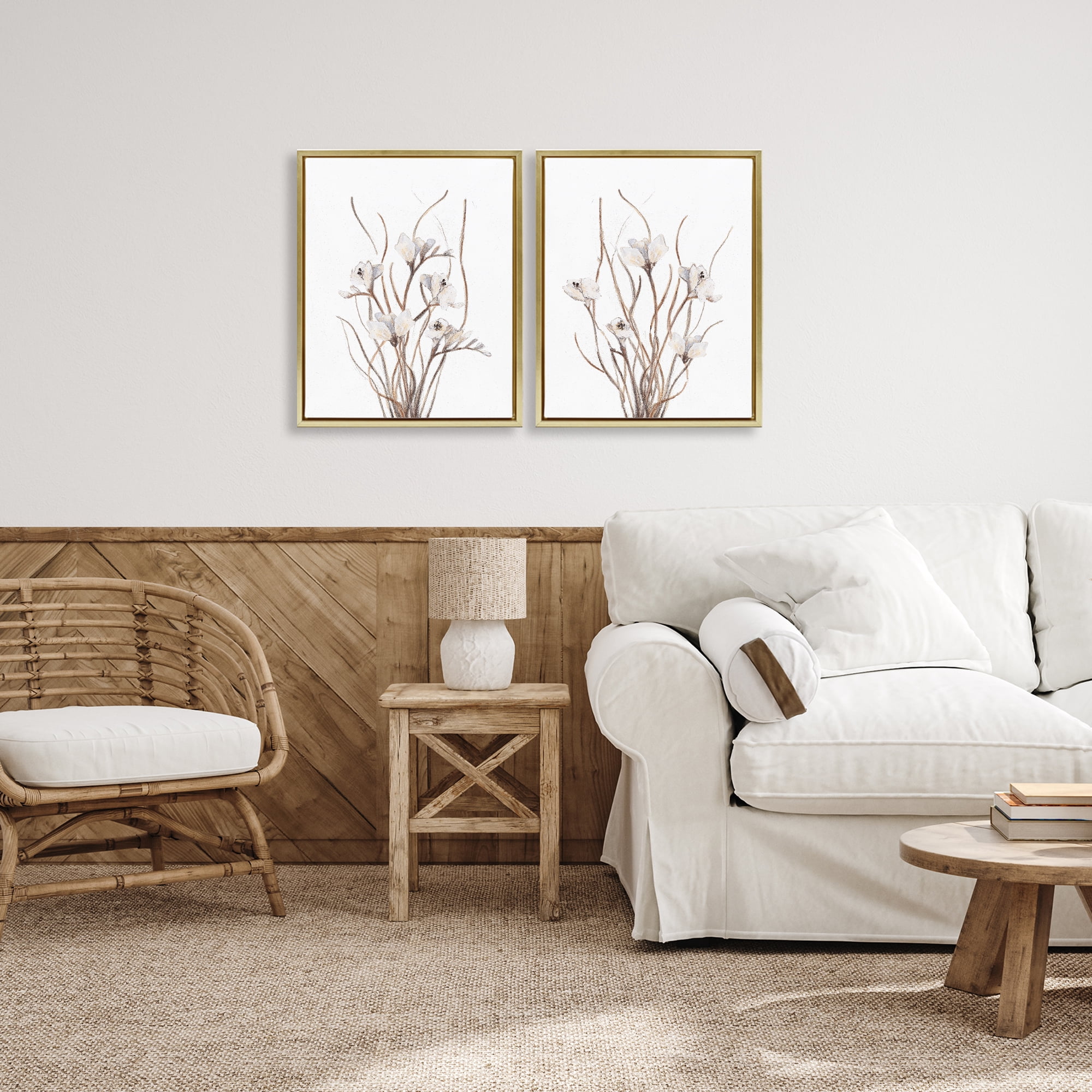 Stupell Industries Curly Branches Wildflowers 2 Piece Gold Framed Floater Canvas Set, design by Lanie Loreth