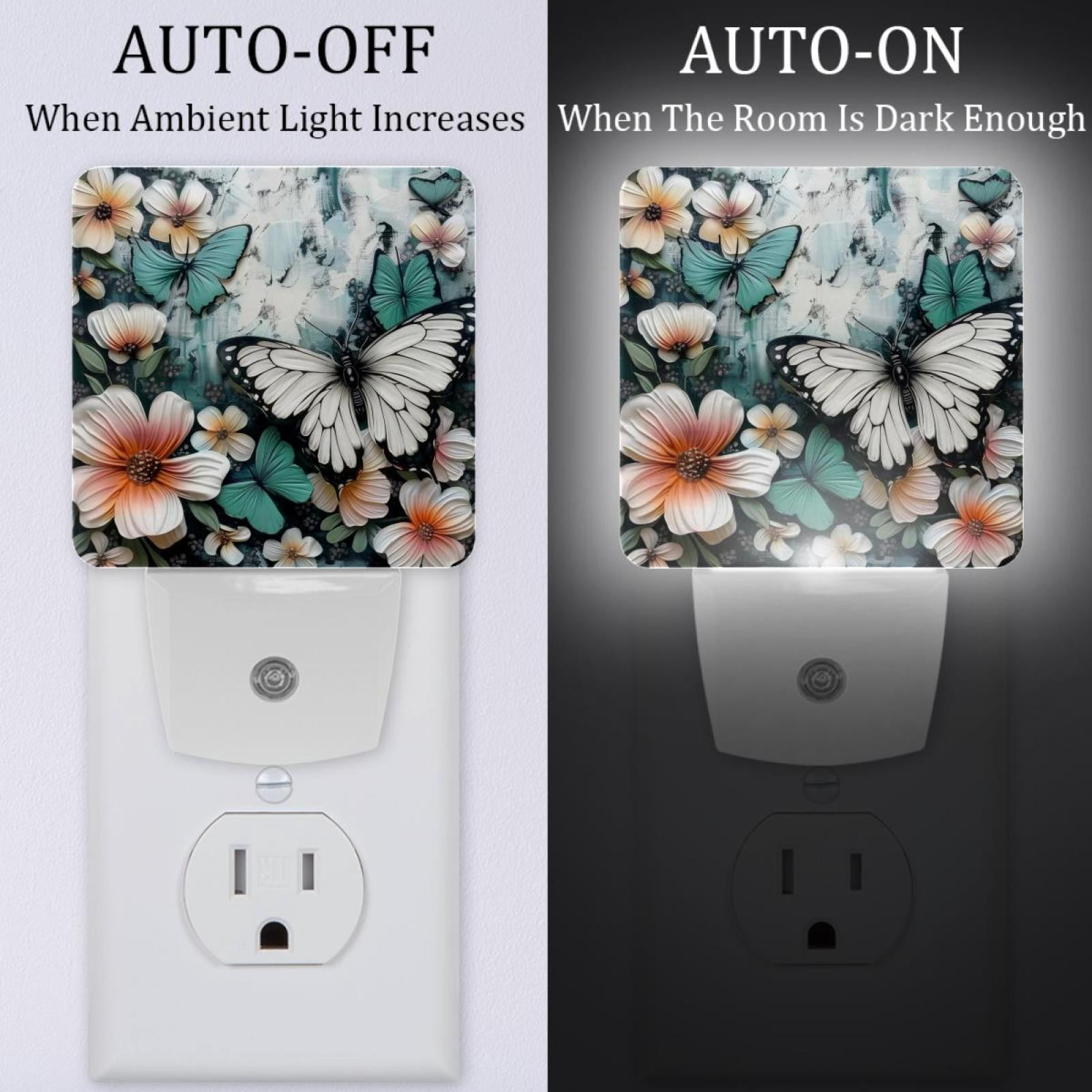 PhooArto White Butterfly Flowers Plug in LED Night Light Auto Sensor Dusk to Dawn Decorative Night for Bedroom, Bathroom, Kitchen, Hallway, Stairs, Baby's Room, Energy Saving