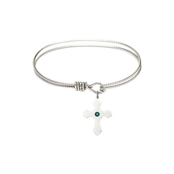 7 1/4 inch Oval Eye Hook Bangle Bracelet w/ Cross medal charm w/ May Green Swarovski Crystal