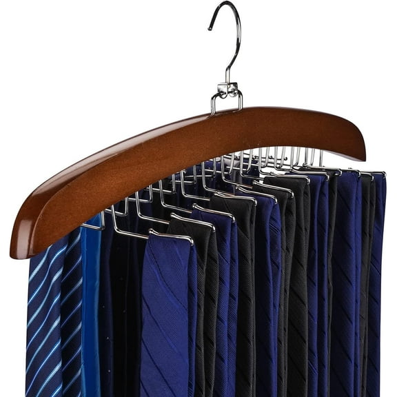1 Pack Wooden Tie Rack Hanger for Closet, Tie Holder Organizer Necktie Storage with 24 Folding Hooks, 360 Degree Rotating