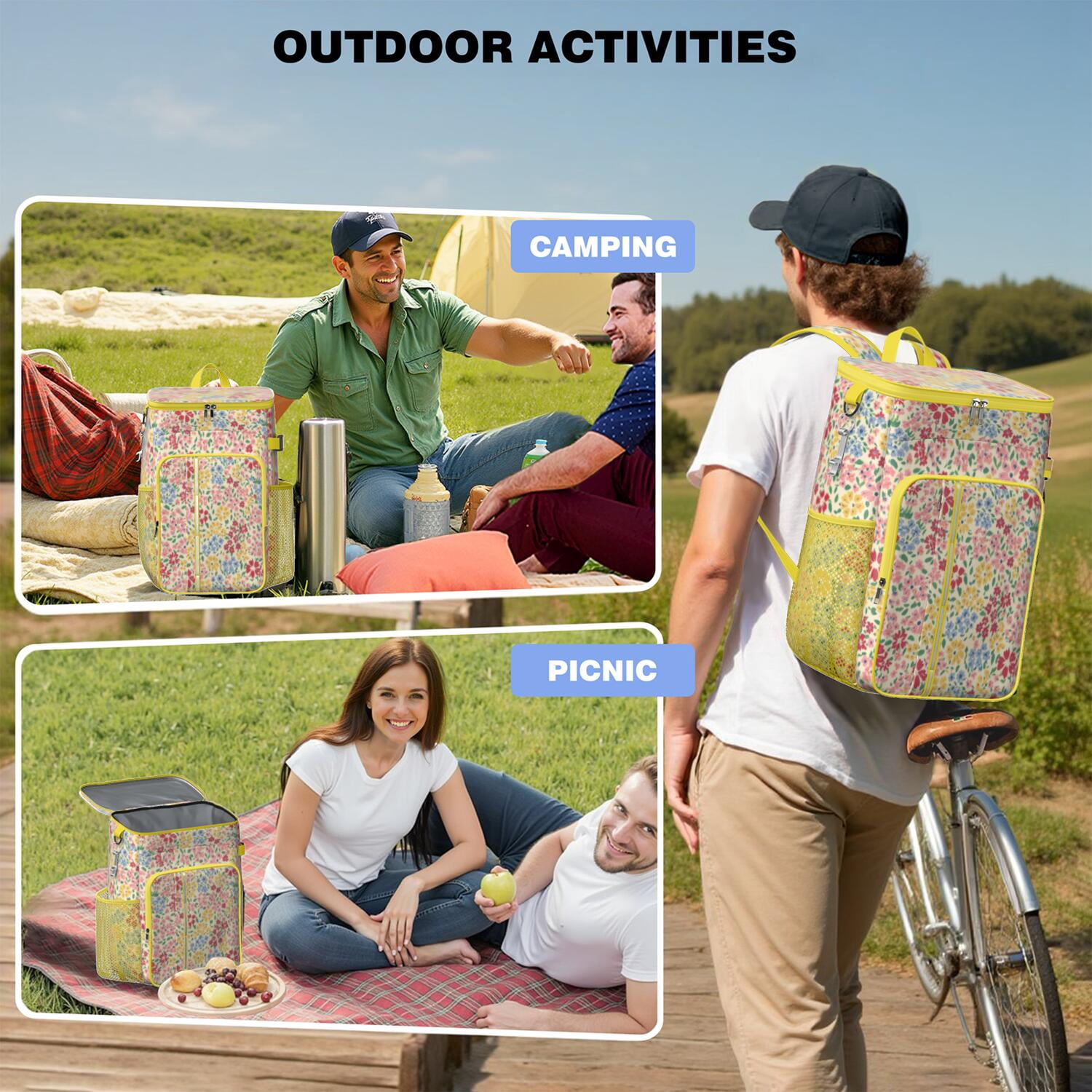 Travel Cooler Bag - Pioneer Flower Camping Beer Cooler Backpack with Bottle Opener- Waterproof Insulated Picnic Backpacks - Cooler Bag for Beach