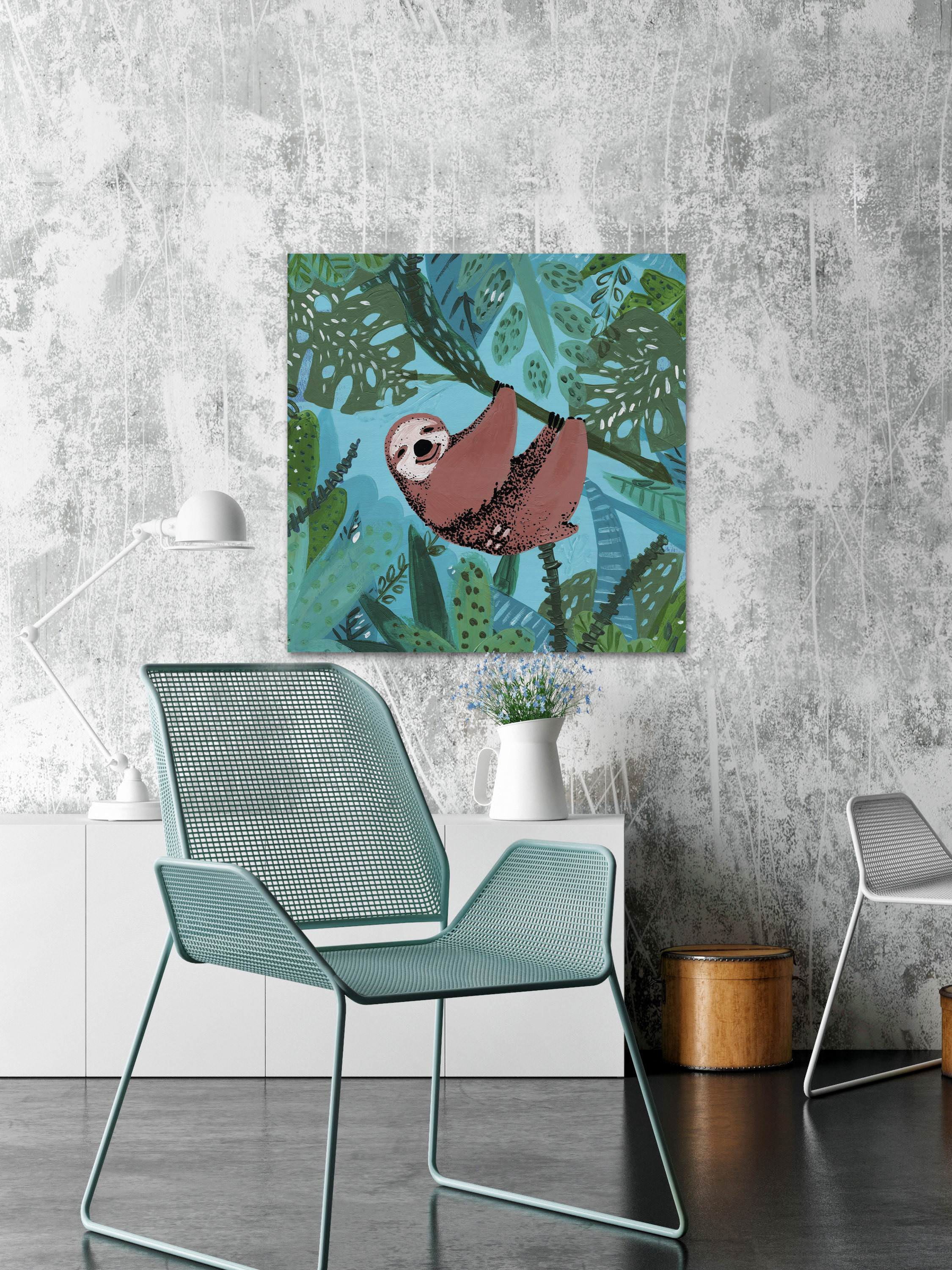 Hanging Happy Sloth Painting Print on Wrapped Canvas