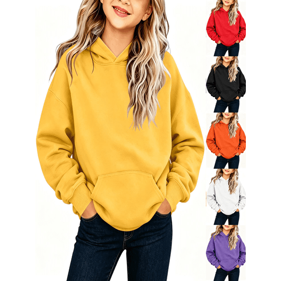 Vmberlty Toddler Girl Sweatshirts Fashion Solid Color Long Sleeve Hoodies Casual Pullover Drawstring Design Thin Lightweight Autumn Daily Girls Tops