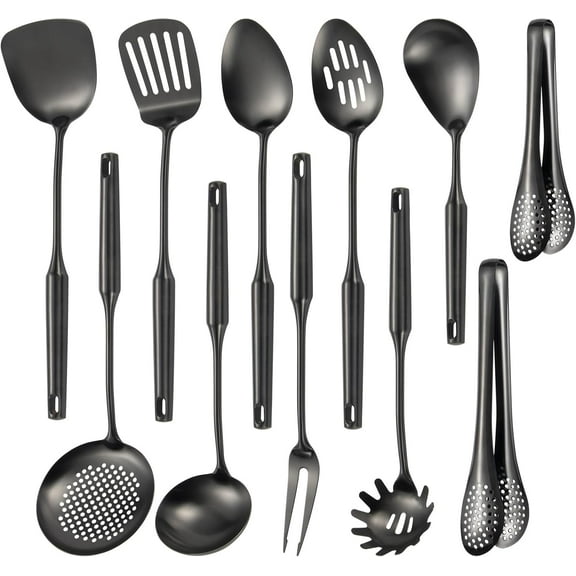 304 Stainlss Steel Matte Kitchen Utensils Set, 11 Pcs Long Metal Cooking Utensil Gadgets Tools Set with Spatula, Ladle, Spoon, Ladle, Skimmer, Tunner, Pasta Server, Tongs(Black, Dishwasher Safe)