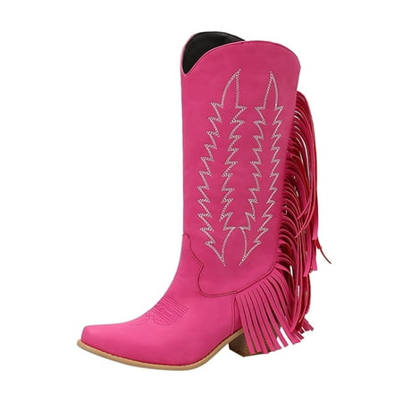 

GNEIKDEING Women s Embroidered Square Heel Solid Color Fringe Retro High Boots Shoes Gift on Clearance
