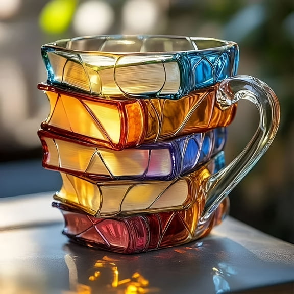 BPPEG Painted Book Mug,Novelty 3D Colored Glass Book Coffee Mug,Handcrafted 3D Book Haven Mug,Stained Glass Bookhaven Mugs,11oz Novelty Coffee Mugs for Hot or Cold Brews,for Librarians & Writers