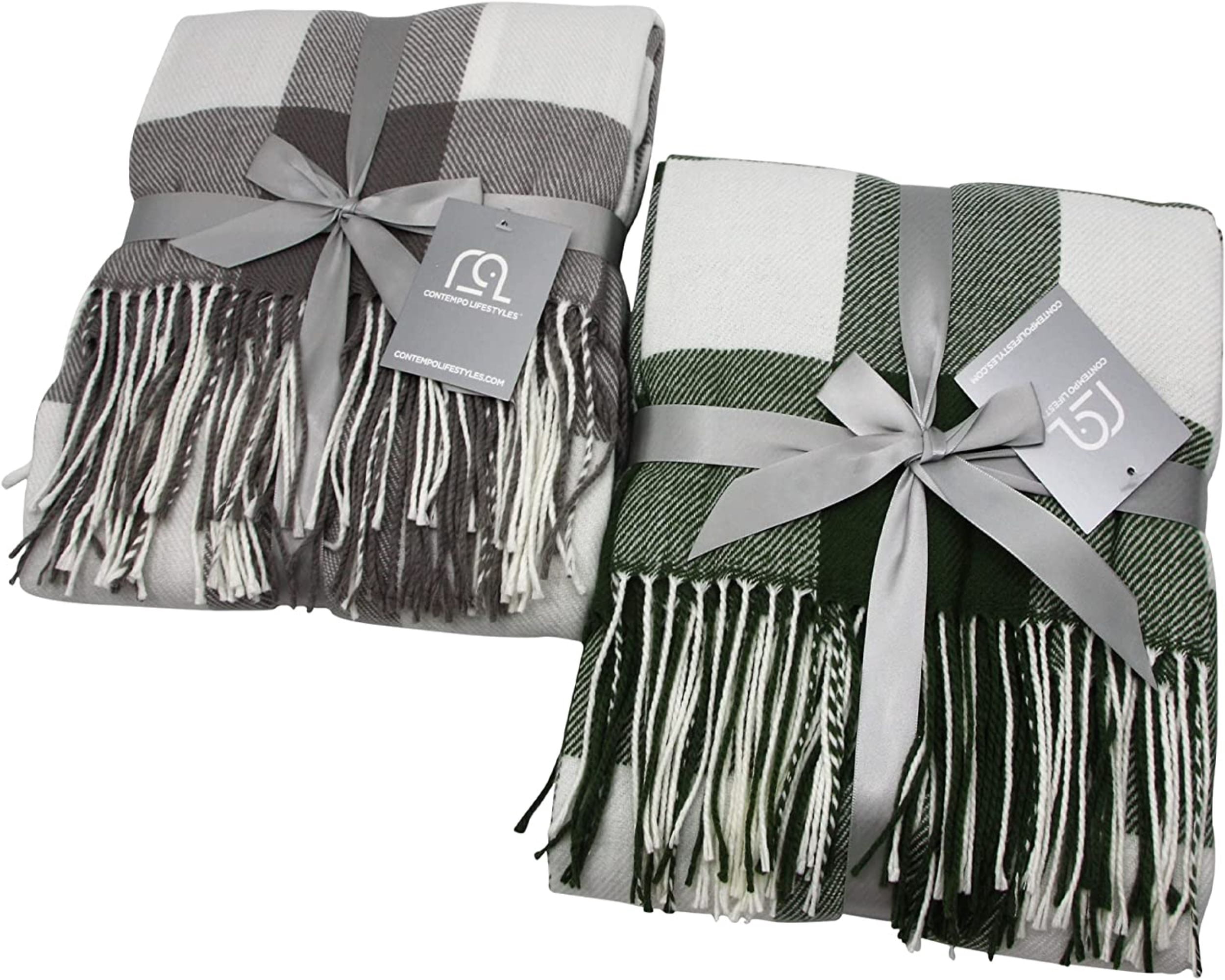 Buffalo Plaid Throw Blanket by Contempo Lifestyles – 50 x 70 Inch Decorative Classic Blanket – Comfortable and Ultra-Soft – Ideal for Living Room, Couch, Travelling, (Elephant/Ivory)