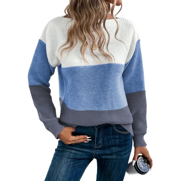 Women'S Fall Winter Fashion Casual Round Neck Ribbed Knitted Colorblock Drop Shoulder Long Sleeve Sweater Blue S